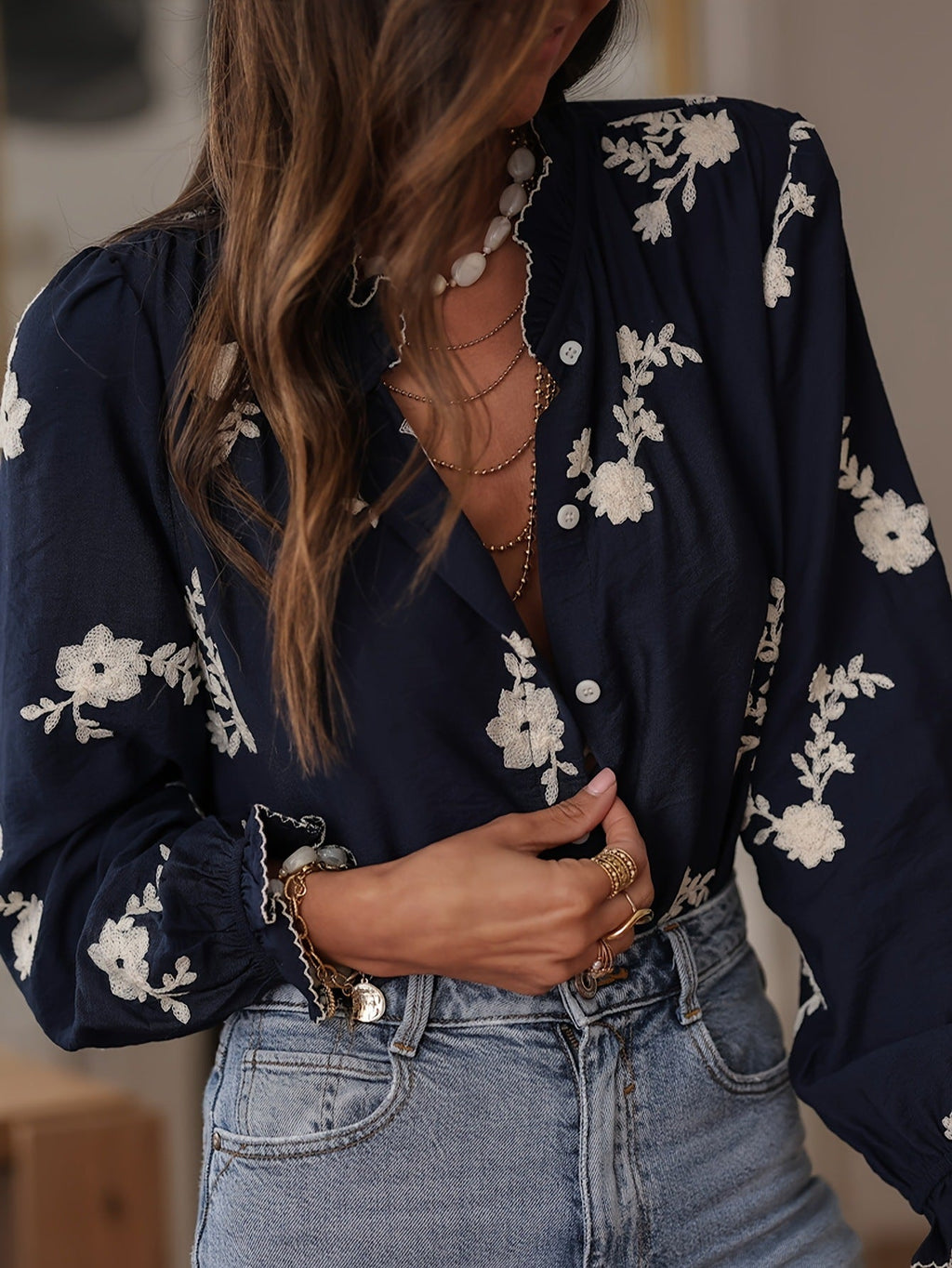 Women's Long-Sleeve Embroidered Chiffon Blouse