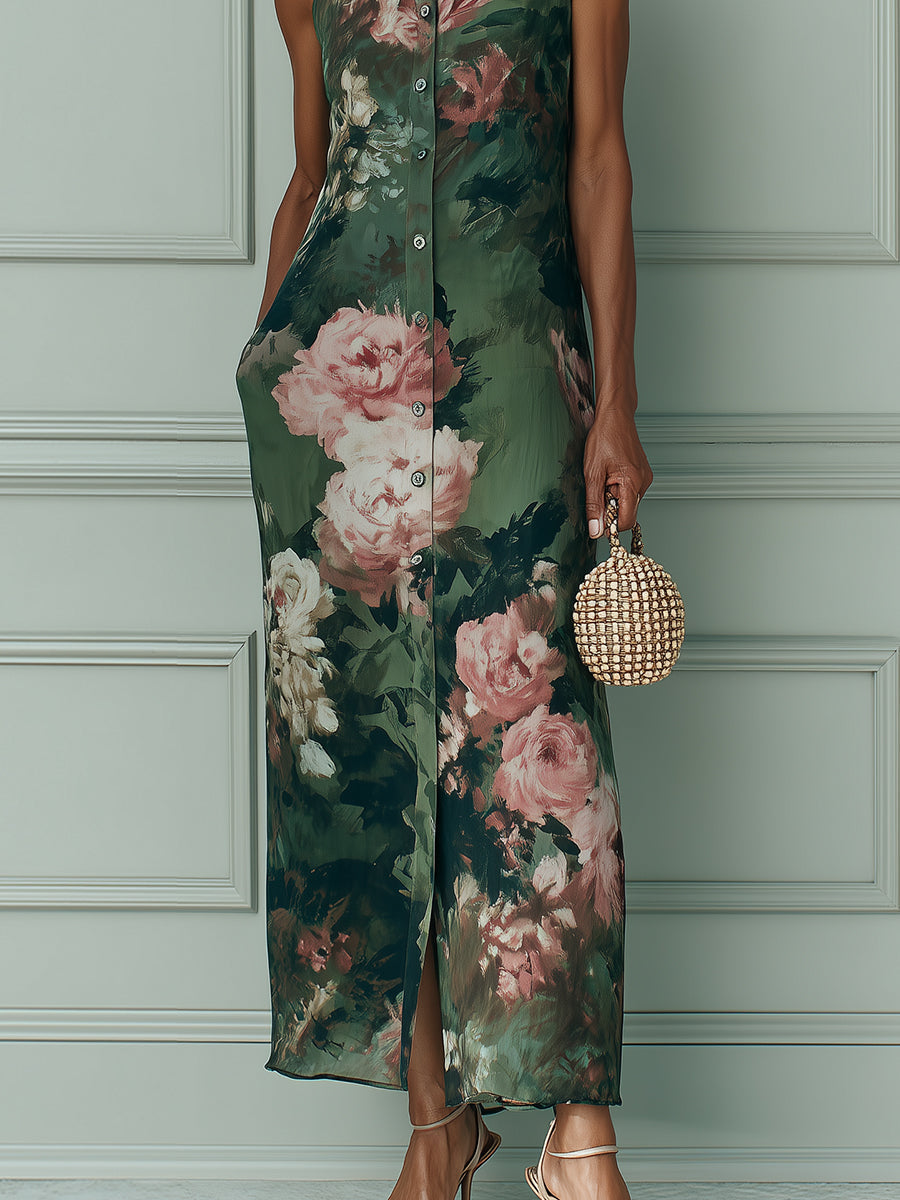 Vintage Floral Oil Painting Print Straight-Cut Maxi Dress