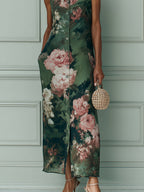 Vintage Floral Oil Painting Print Straight-Cut Maxi Dress