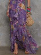 Elegant Purple Floral Chiffon Halter Maxi Dress