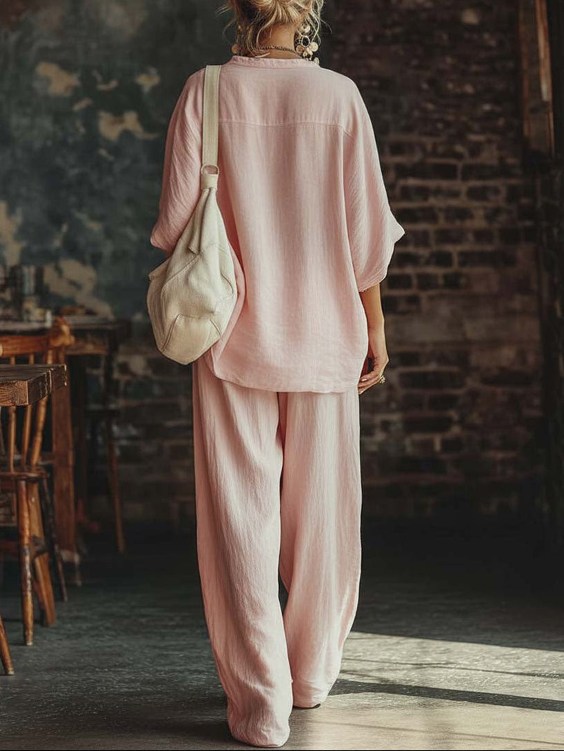 Casual Pink V-Neck Shirt and Trousers Set