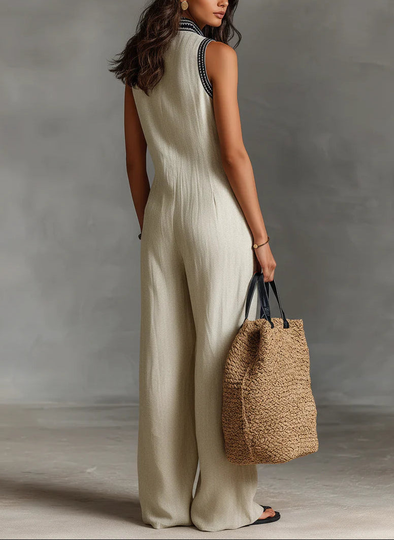Minimalist stand-up collar zipper sleeveless jumpsuit