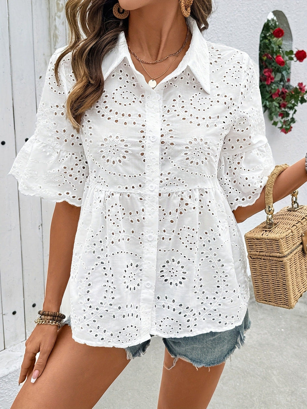 Women's White Short-Sleeve Shirt with Openwork Embroidery