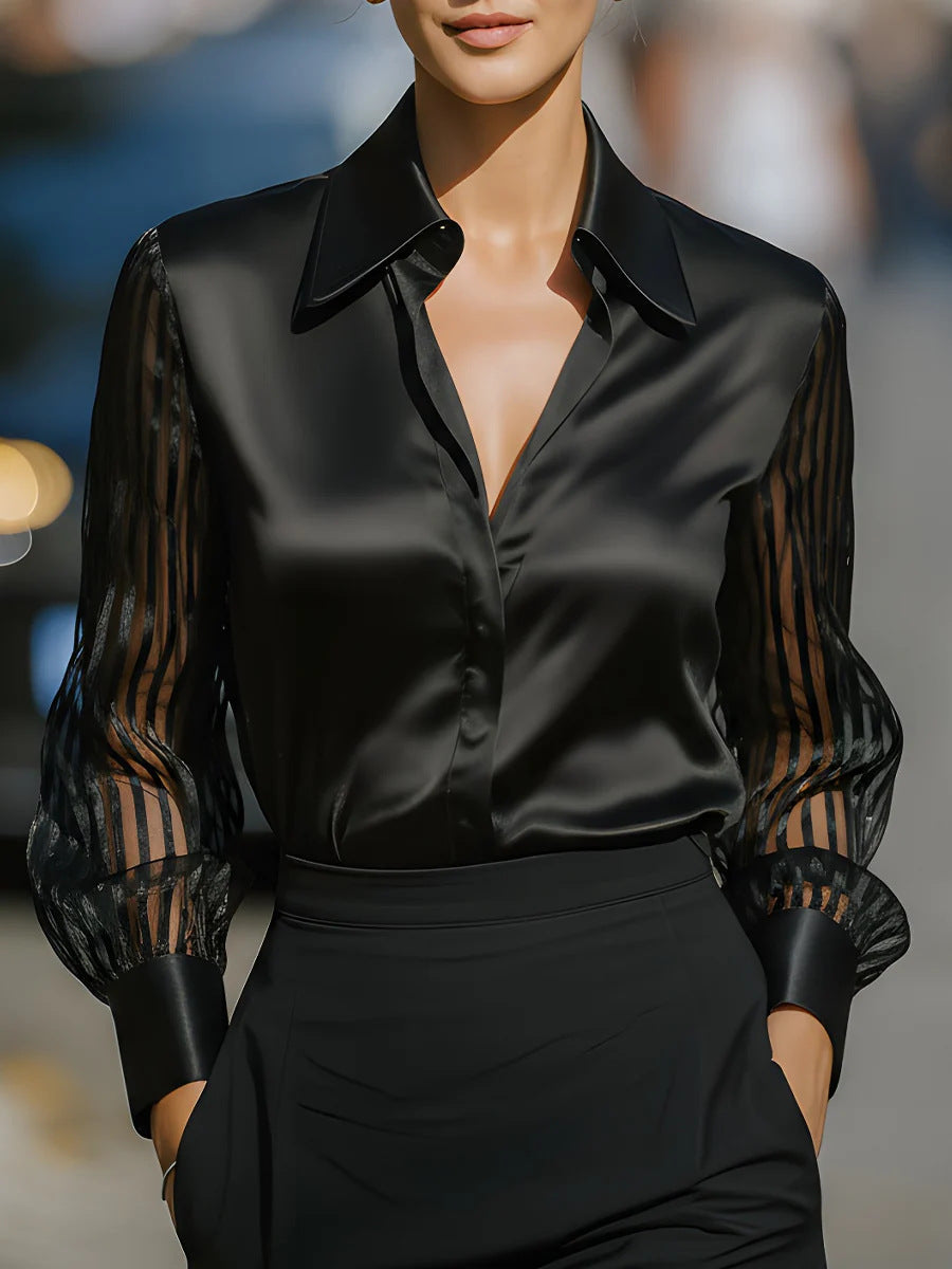 Black Spliced Satin Long-sleeved Loose-fitting Shirt
