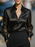 Black Spliced Satin Long-sleeved Loose-fitting Shirt