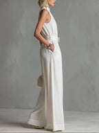 Elegant Urban Belted Sleeveless Wide-Leg Jumpsuit