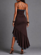 Retro Lace-Trimmed Ruffled-Hem High-Slit Maxi Dress
