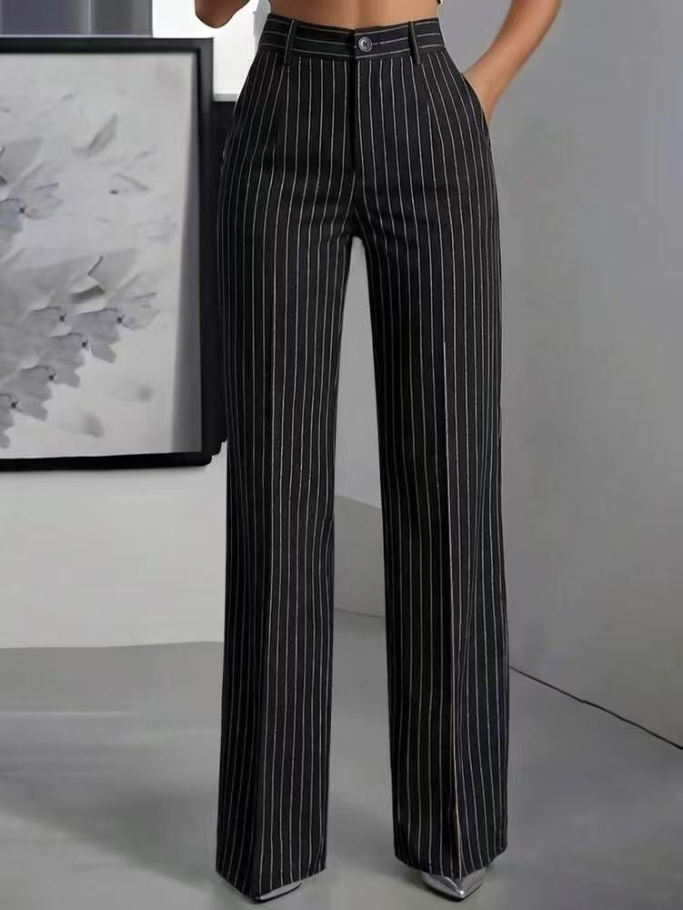 Women's High-Waisted Vertical-Striped Wide-Leg Suit Pants for Commuting