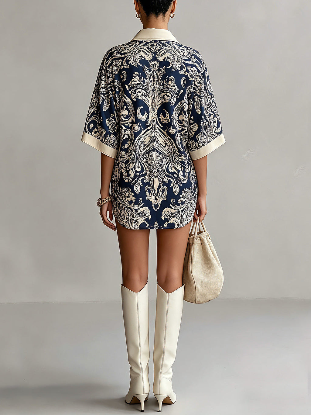 Elegant navy Baroque-print collared mini dress
