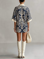 Elegant navy Baroque-print collared mini dress