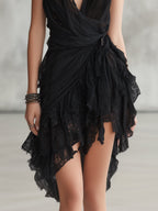 Black Halter Neck Lace Ruffled Mini Dress