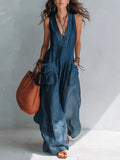 Solid-color V-neck loose-fit Euro-American style jumpsuit with large pockets