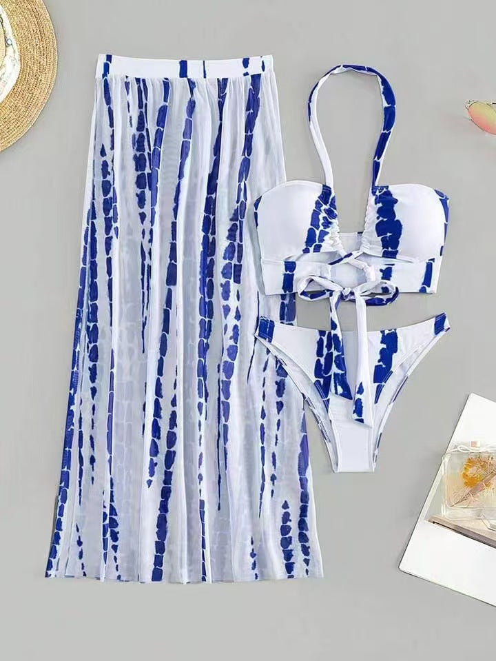 Two-Piece Bikini with Sexy Crisscross Straps and Sheer Skirt