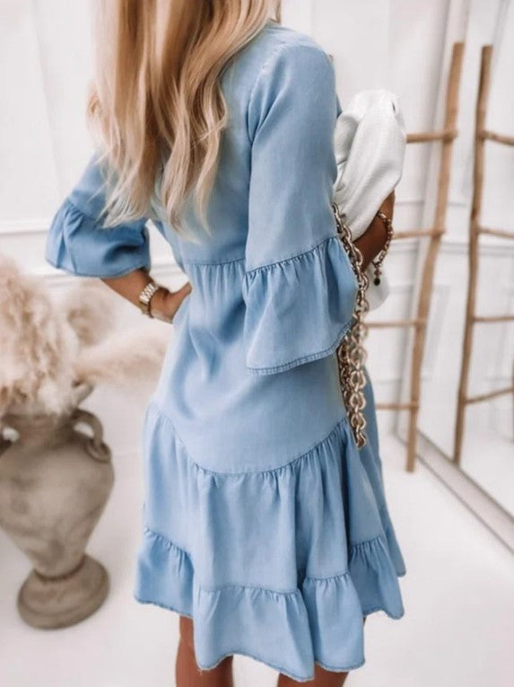 Solid-Color Washed Cotton A-Line Midi Denim Dress with Half Sleeves
