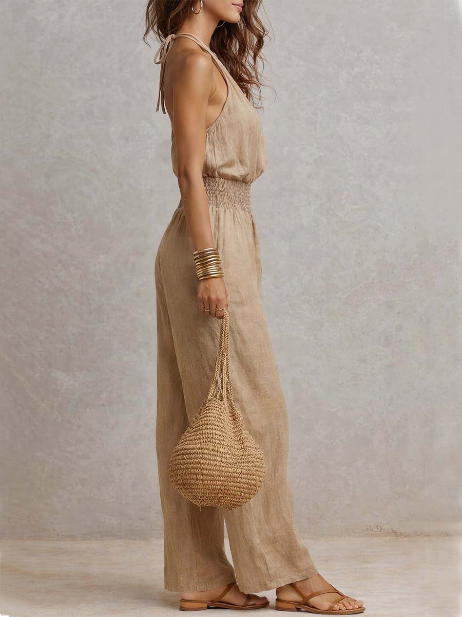 Khaki Halter-Neck Waist-Cinching Jumpsuit