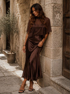 Brown Chiffon Blouse And Satin Midi Dress Two-piece Set