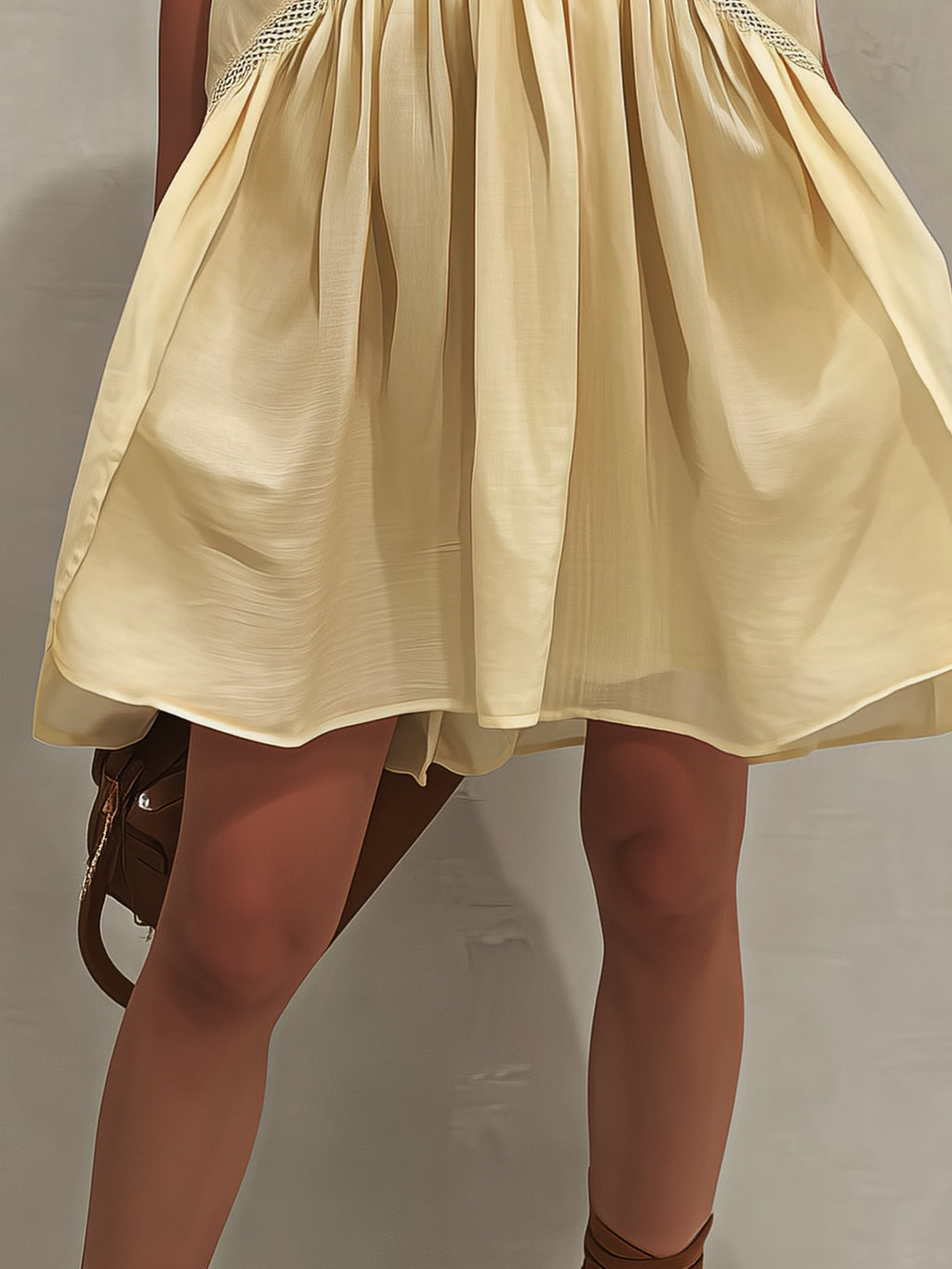 Yellow Sleeveless Mini Dress with Deep V-Neck and Lace Trim
