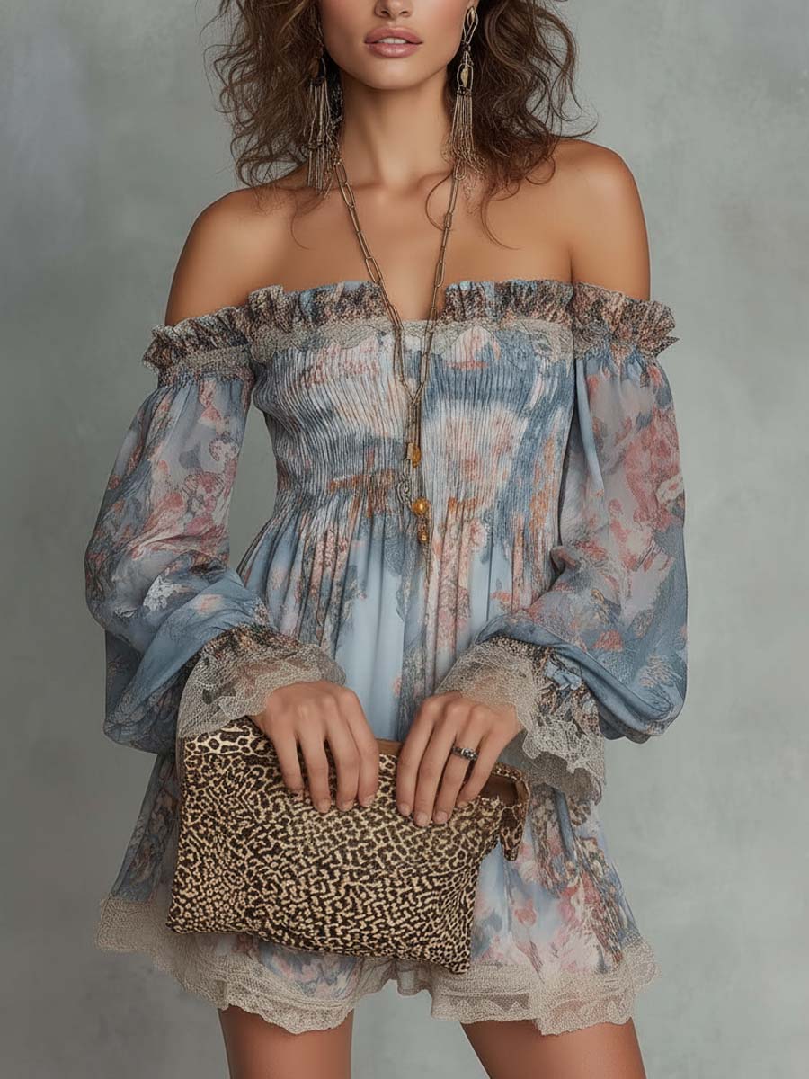 Romantic Floral Off-Shoulder Ruched Chiffon Mini Dress