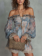 Romantic Floral Off-Shoulder Ruched Chiffon Mini Dress