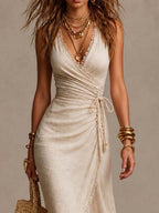 Beige faux-linen wrap maxi dress with lace trim