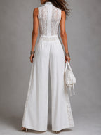 Vintage stand-collar wide-leg jumpsuit with lace paneling
