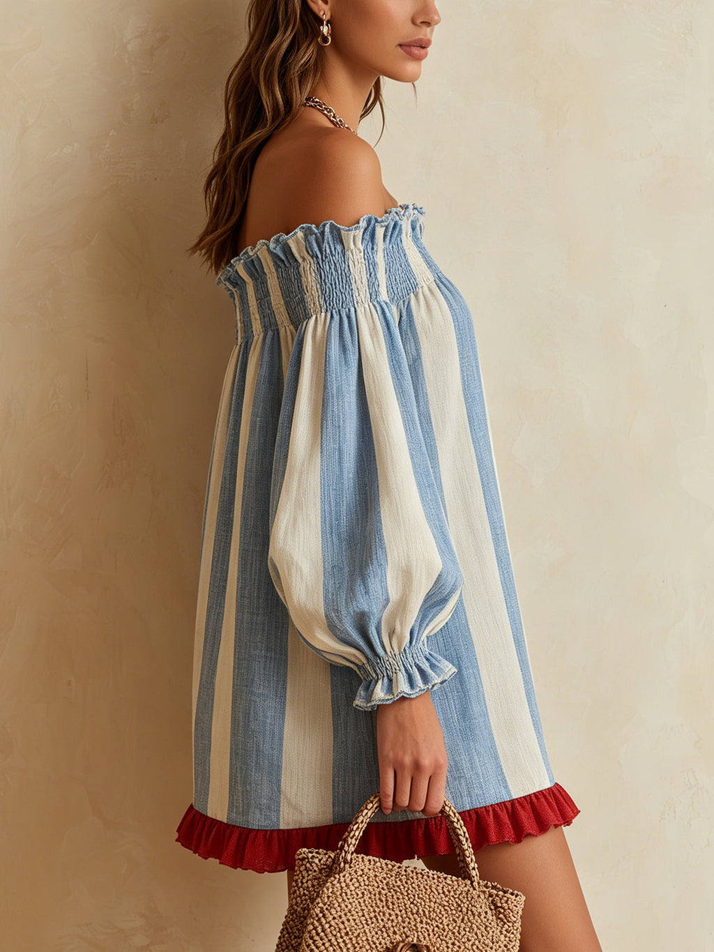 Blue and white striped off-the-shoulder mini dress with a contrasting hem