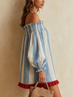 Blue and white striped off-the-shoulder mini dress with a contrasting hem