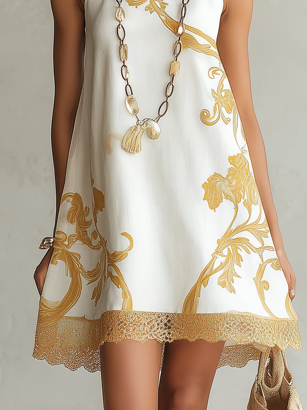 White Gold Printed Lace Trim Mini Dress