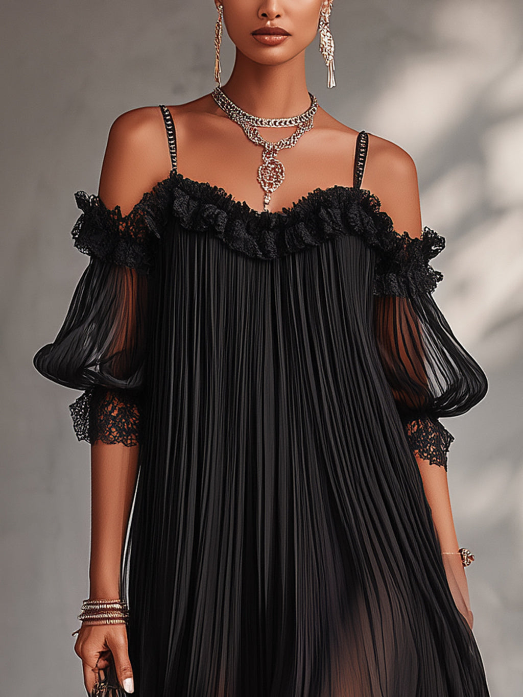 Black Off-Shoulder Chiffon Mini Dress with Lace Trim