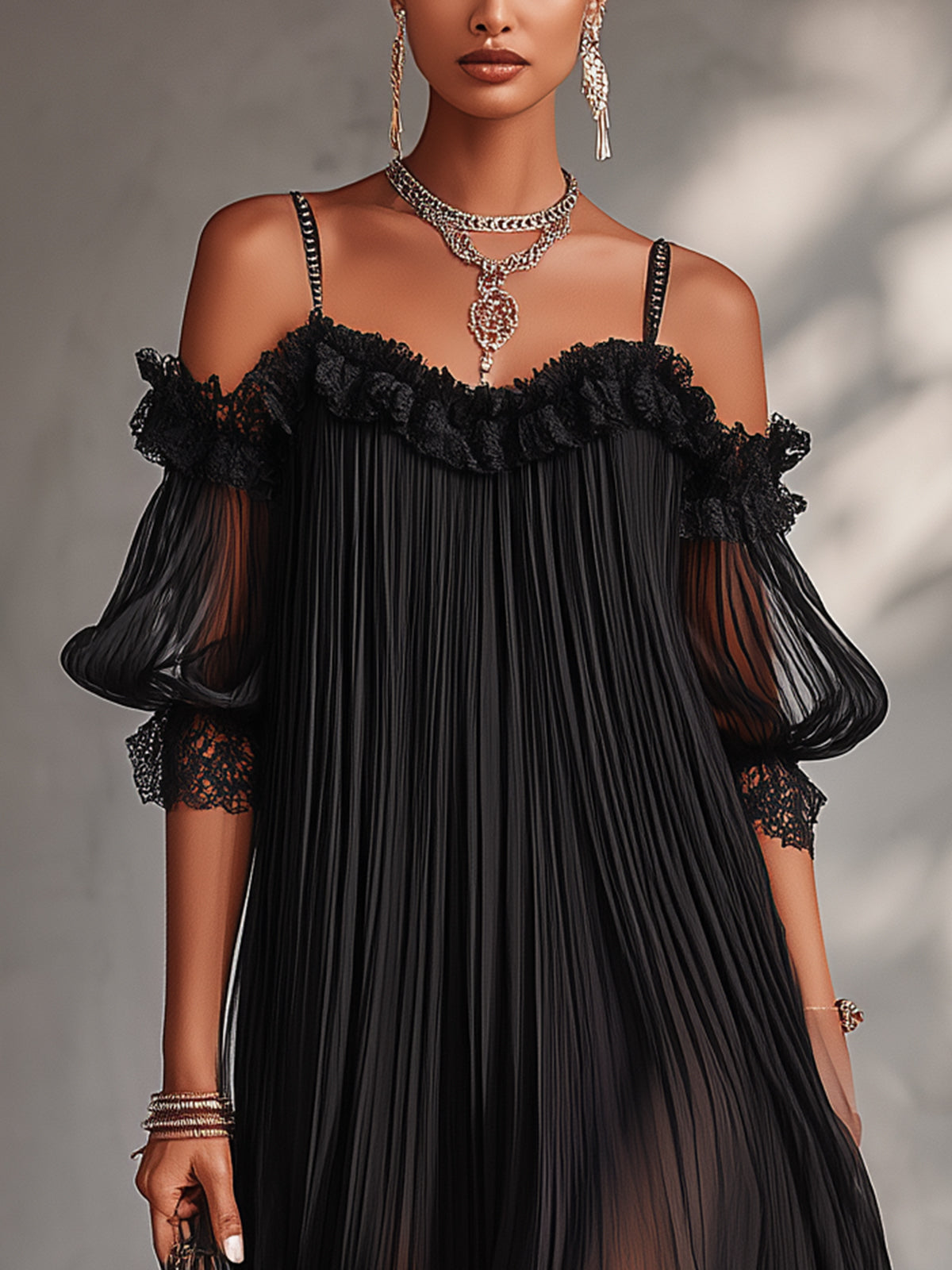 Black Off-Shoulder Chiffon Mini Dress with Lace Trim