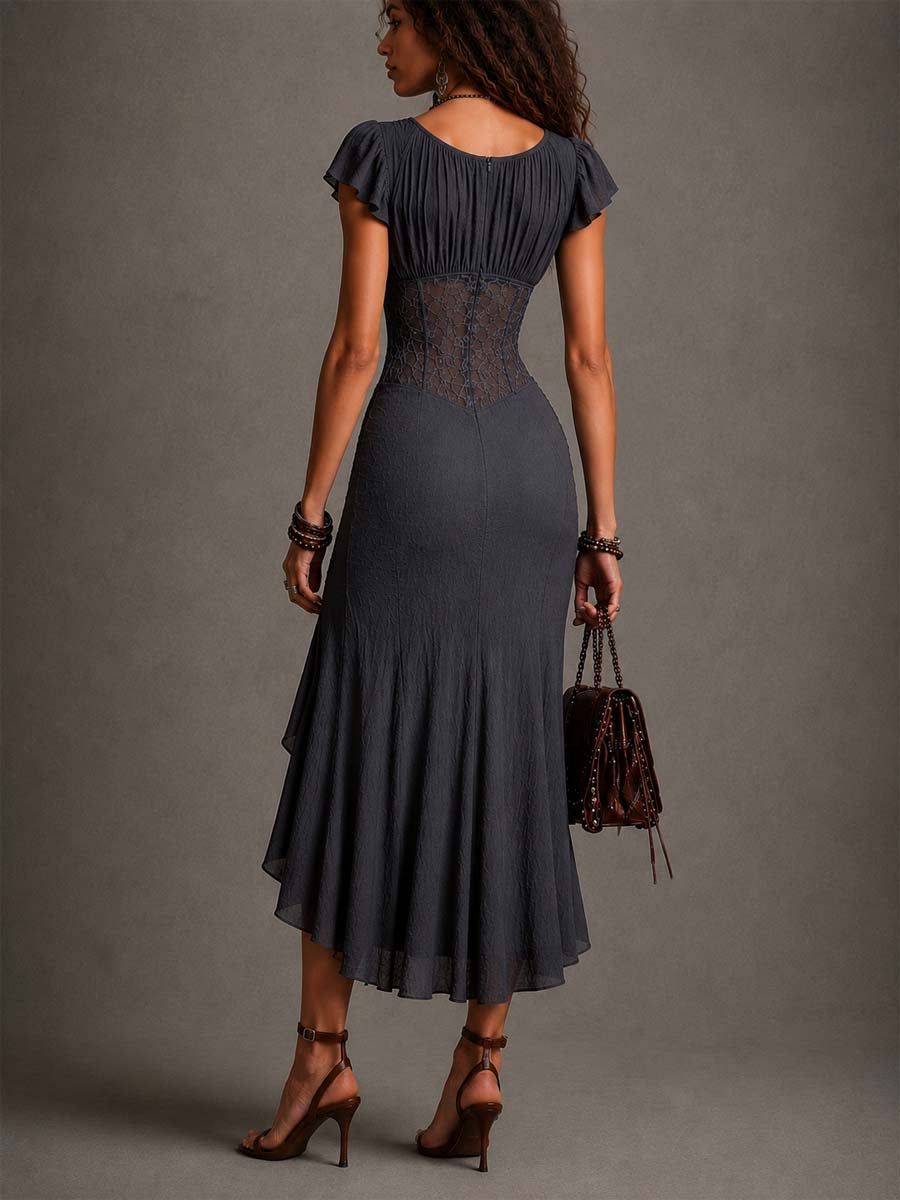 Dark Grey Pleated Lace Midi Dress