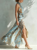 Flowy blue leopard-print chiffon maxi dress