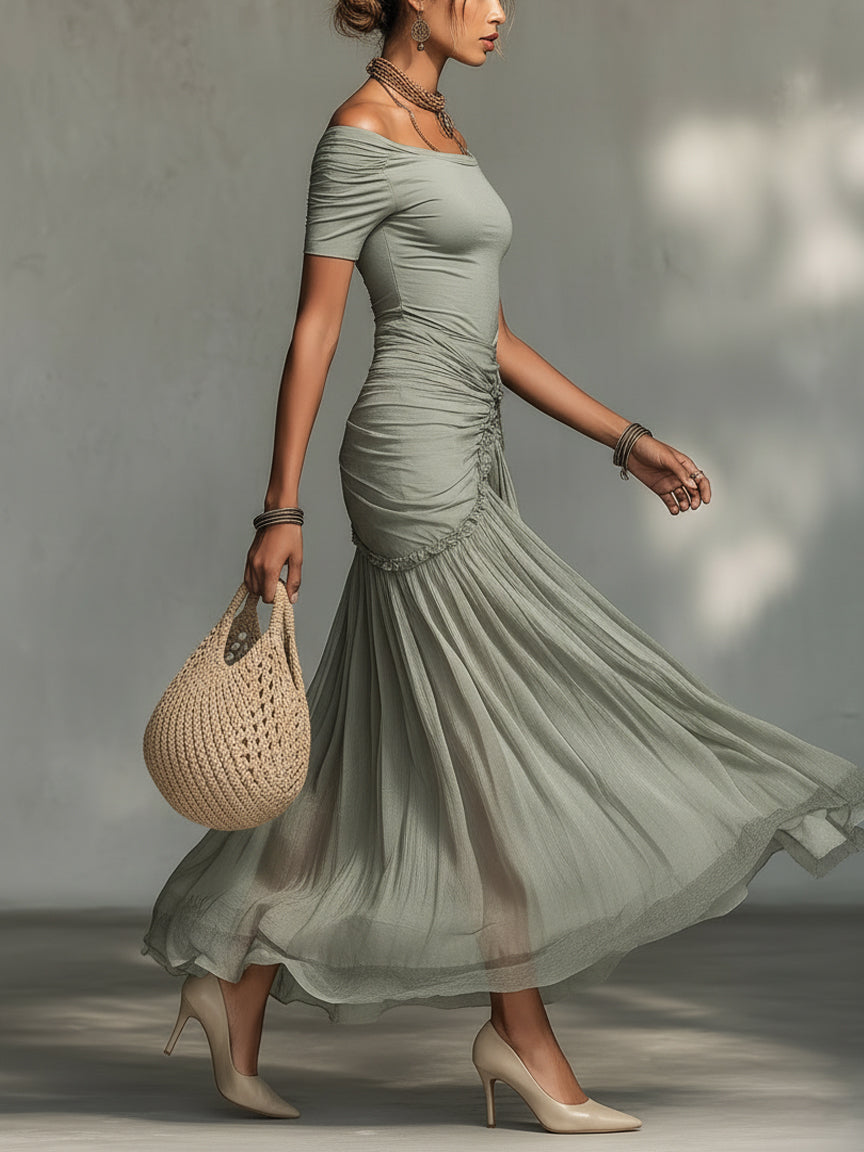 Grey Stretch Fabric And Chiffon Maxi Dress
