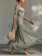Grey Stretch Fabric And Chiffon Maxi Dress