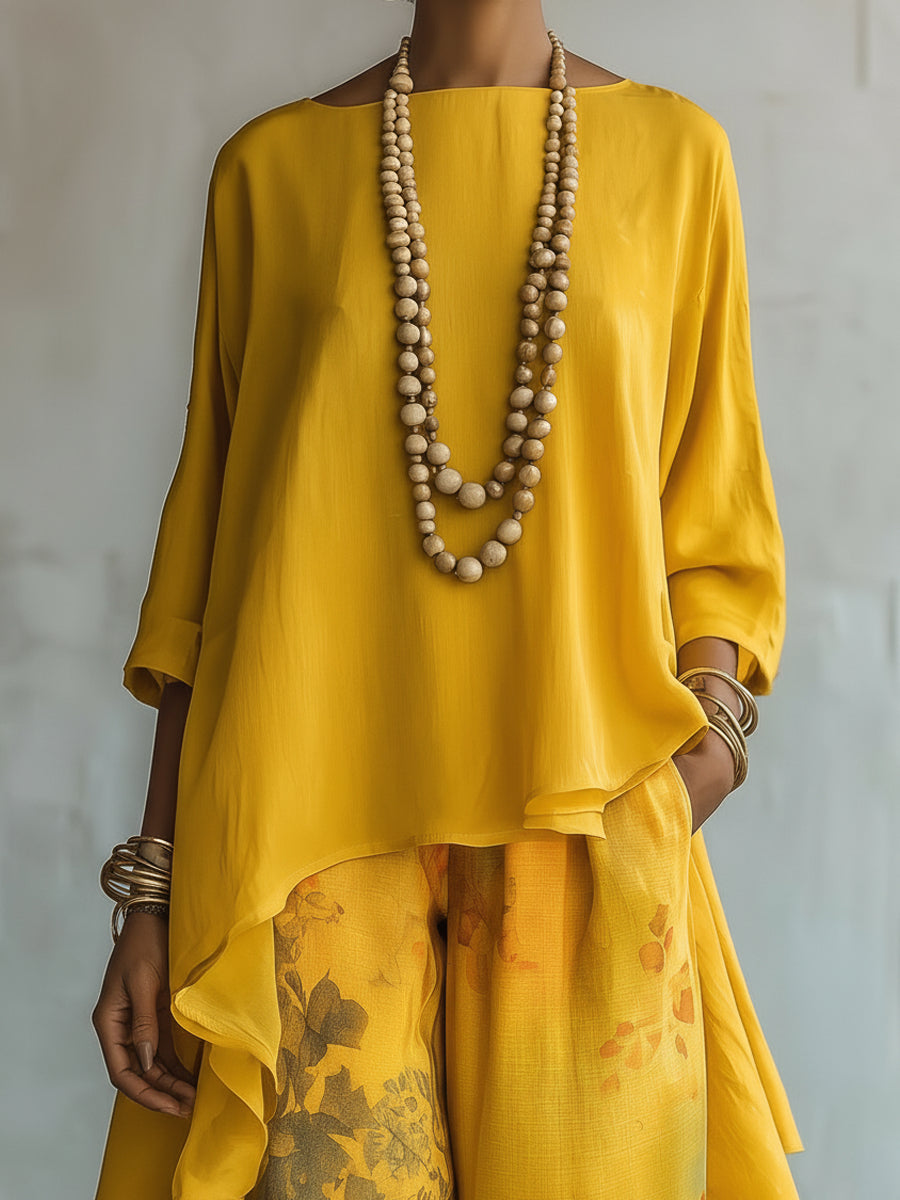 Yellow Asymmetrical Top and Floral Wide-Leg Pants Set
