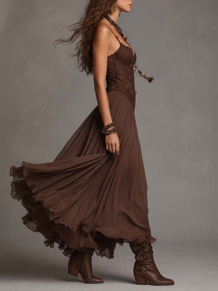 Dark Brown Lace-Paneled Chiffon Maxi Dress