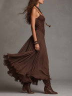 Dark Brown Lace-Paneled Chiffon Maxi Dress