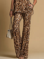 Elegant Leopard Print Sleeveless Chiffon Top And Flared Pants Set
