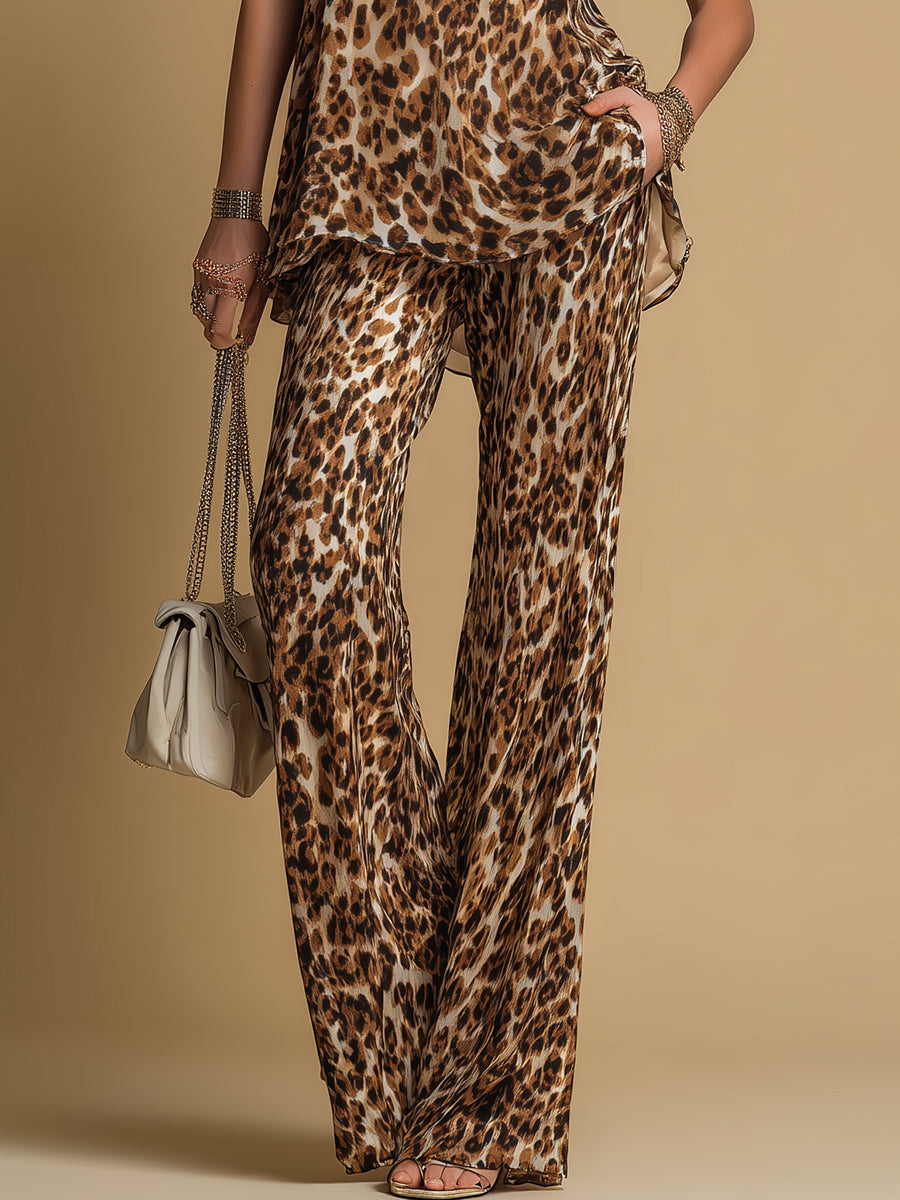 Elegant Leopard Print Sleeveless Chiffon Top And Flared Pants Set