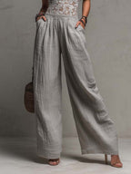 Bohemian Grey Lace-Trimmed Pleated Wide-Leg Jumpsuit