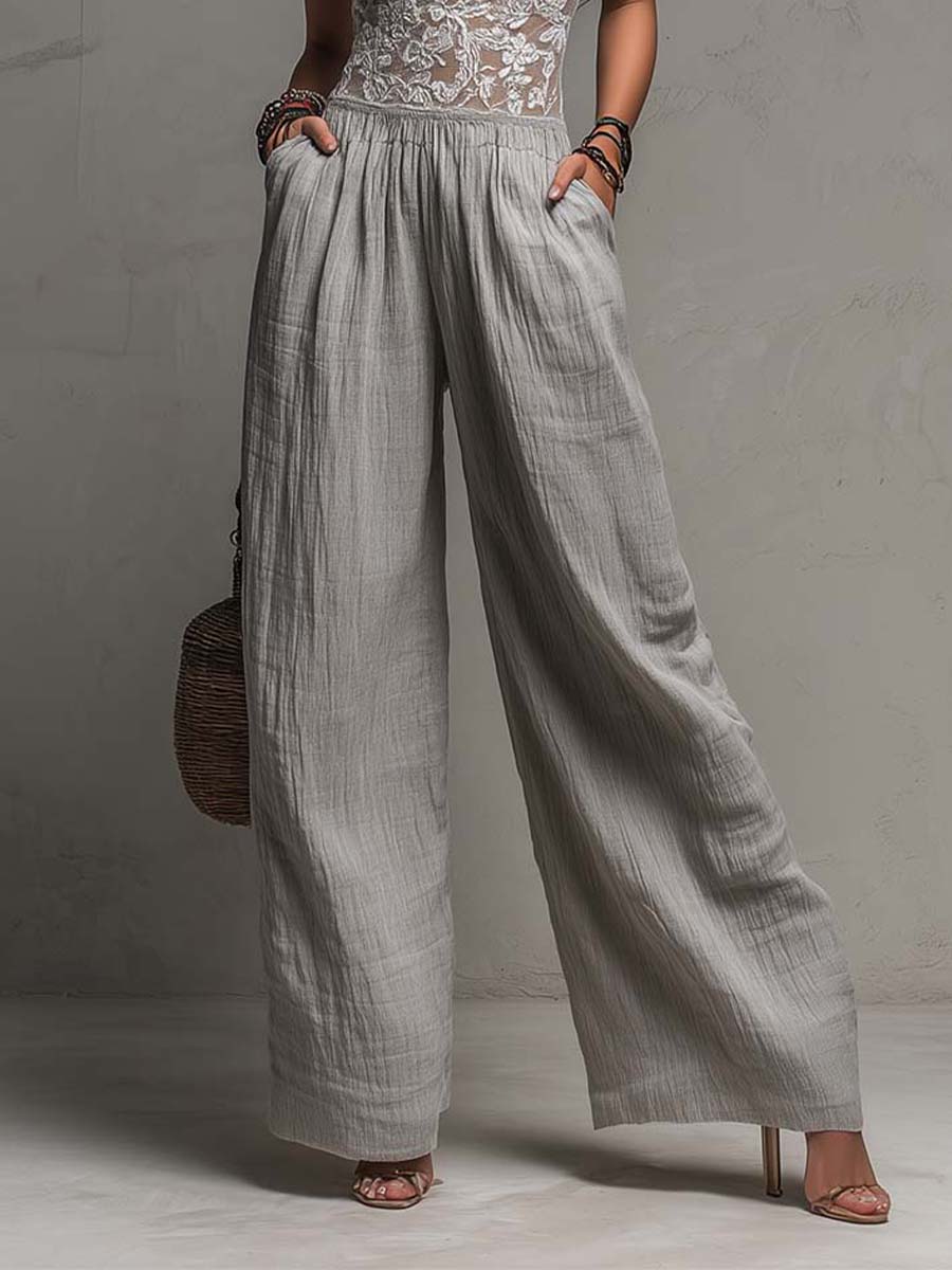 Bohemian Grey Lace-Trimmed Pleated Wide-Leg Jumpsuit