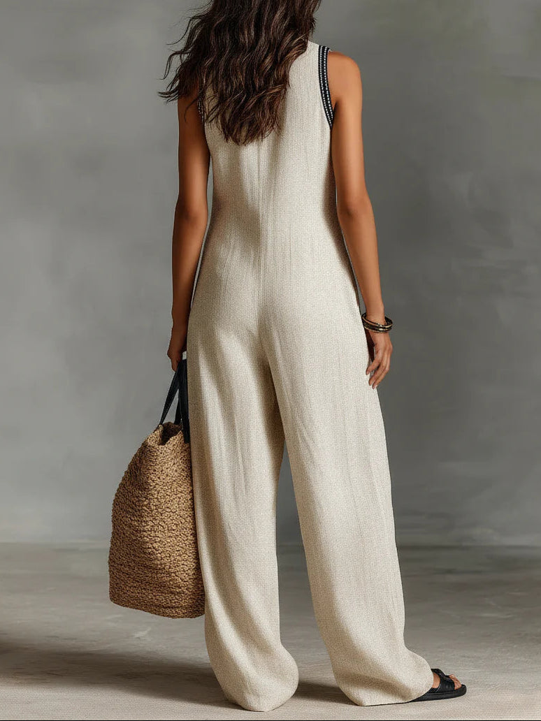 Minimalist stand-up collar zipper sleeveless jumpsuit