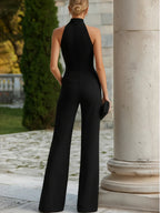 High-Neck Sheer Yoke Tailored Wide-Leg Jumpsuit