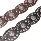 Oval stitching waist belt with large round pattern alloy buckle