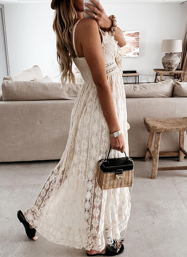Summer Solid-Color Lace Camisole Maxi Dress with a Full Skirt