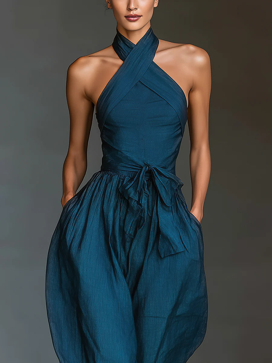 Navy Cross Halter Wide-Leg Jumpsuit With Side Pockets