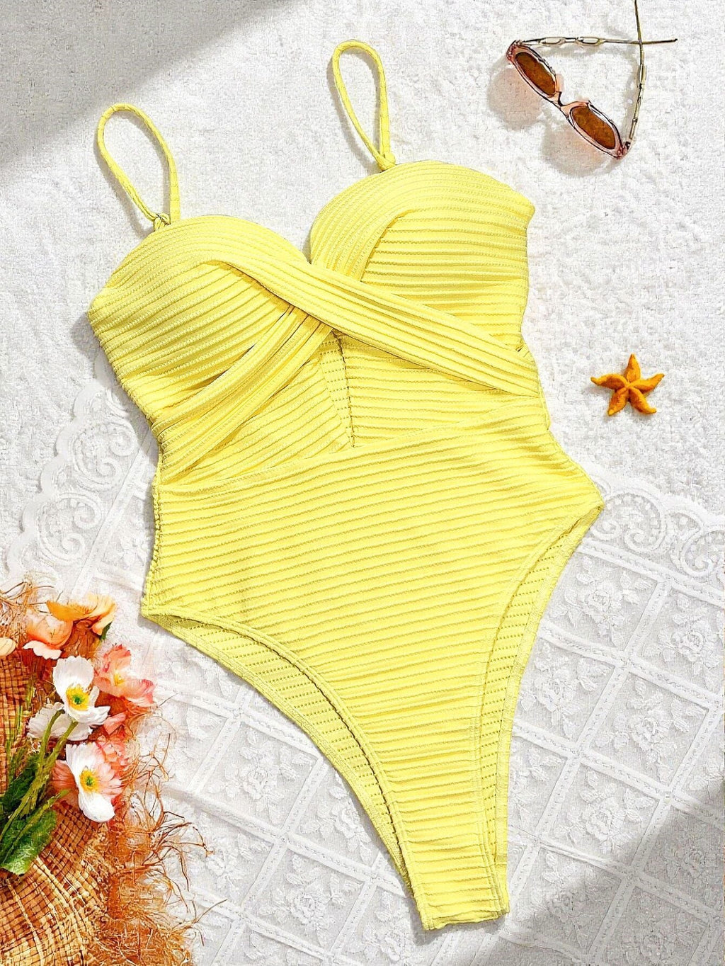 Solid-Color Vertical-Striped Openwork Tie-Side One-Piece Swimsuit