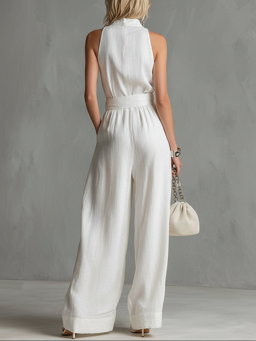 Elegant Urban Belted Sleeveless Wide-Leg Jumpsuit