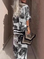 Casual V-neck printed short-sleeved top and wide-leg pants set