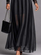 Gothic Striped Mesh Long-Sleeve Maxi Dress(Belt included)